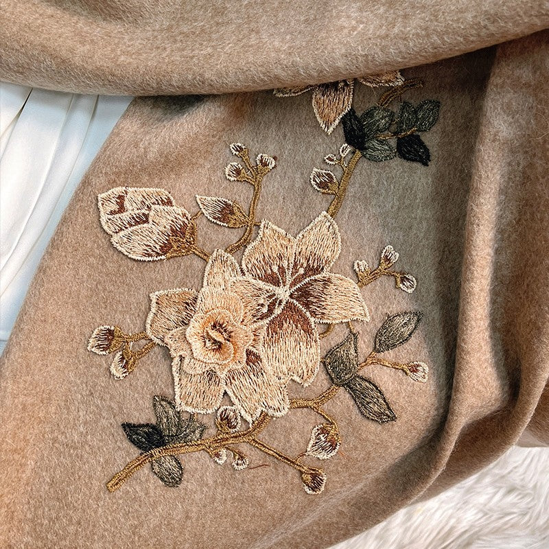 Embroidery Gardenia Flower Winter Cashmere Scarf 200*60-Scarf-SinoCultural-Brown-HYFSJ037-SinoCultural