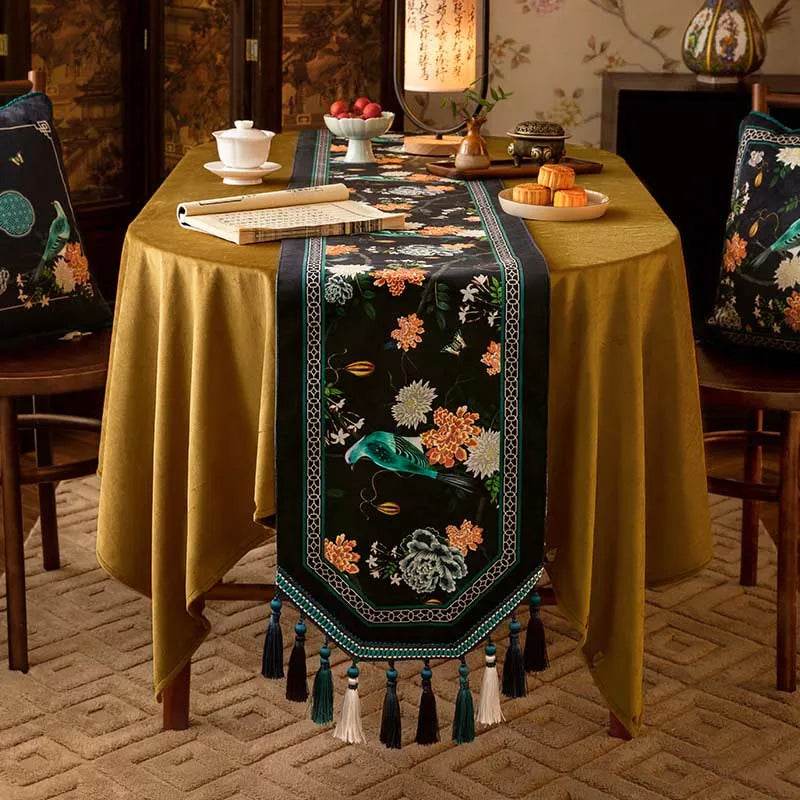 Chinoiserie Luxury Long Rectangular Black Floral Table Runner - SinoCultural -- TR026A160 - 