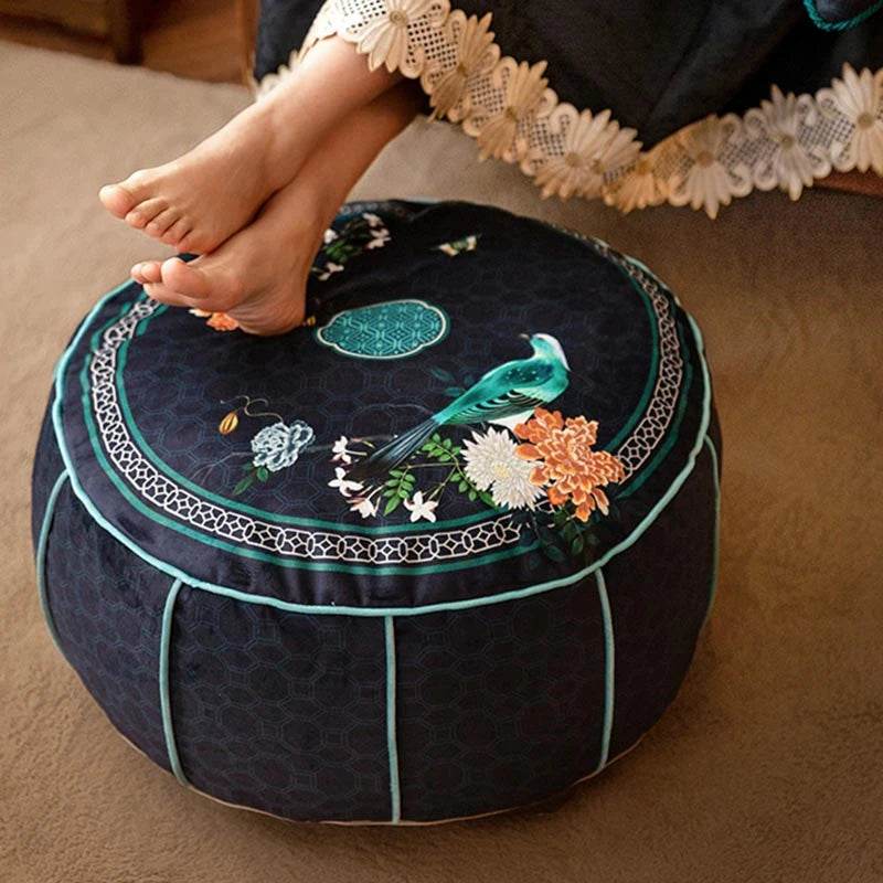 Chinoiserie Plush Bird Blue Living Room Rest Pouf - SinoCultural