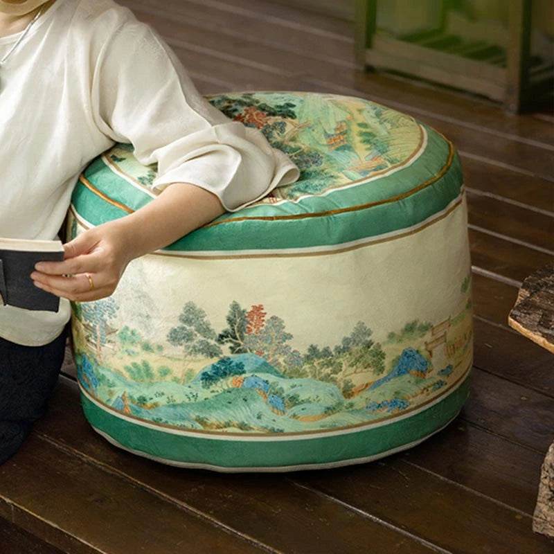 Chinoiserie Plush Green Living Room Rest Pouf - SinoCultural