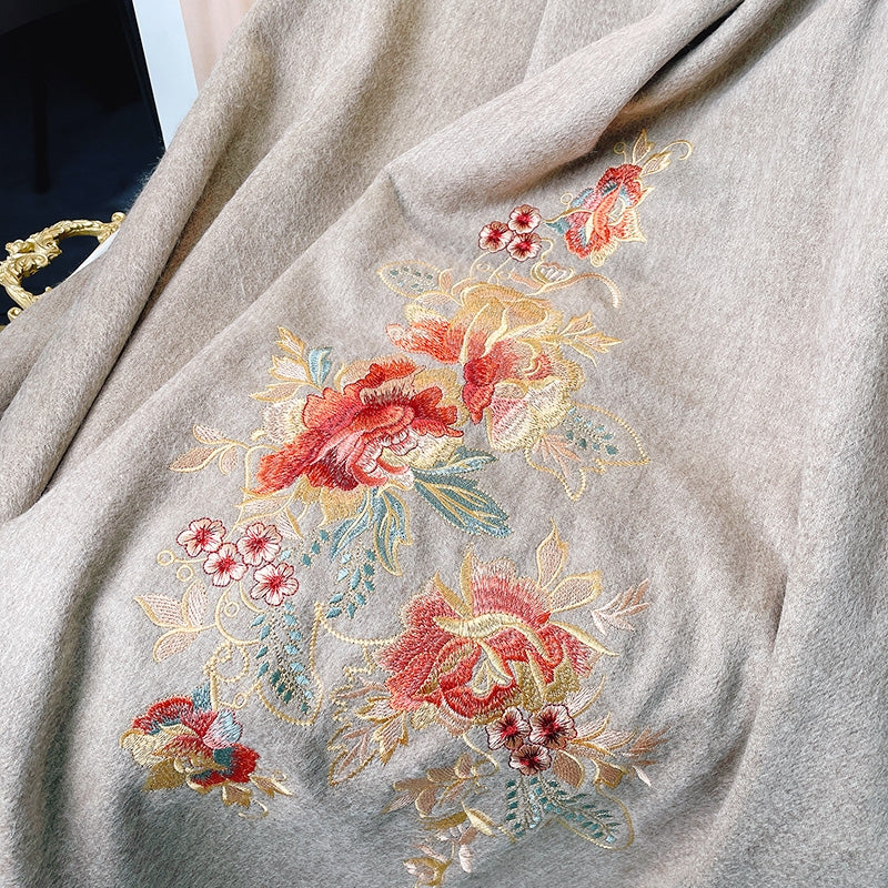 Embroidery Lotus Winter Cashmere Shawl Scarf 200*60-Scarf-SinoCultural-Brown-HYFSJ040-SinoCultural