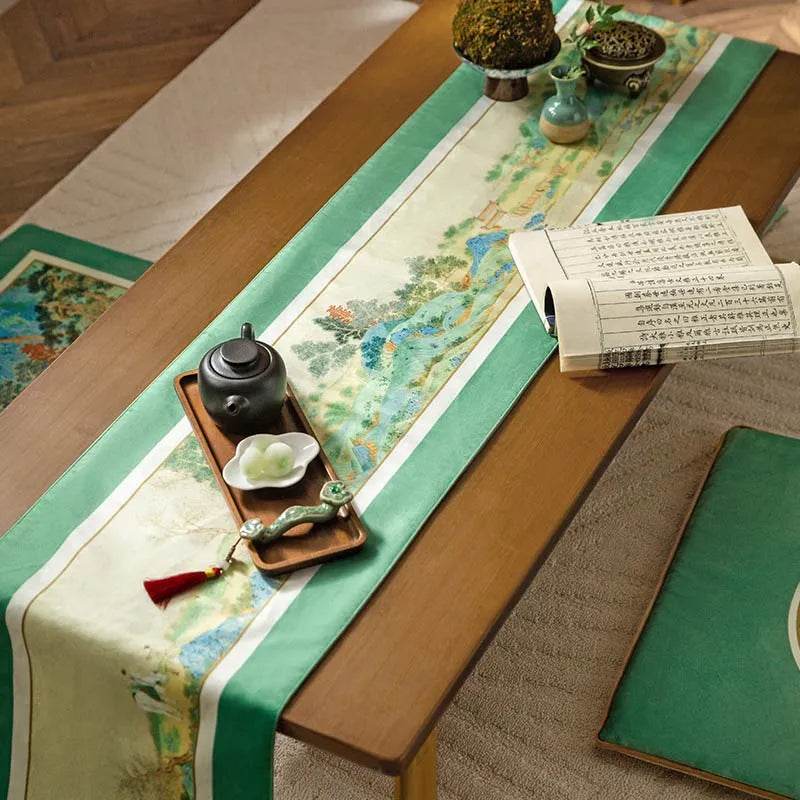 Chinoiserie Elegant Green Mountain Tea Table Runner - SinoCultural