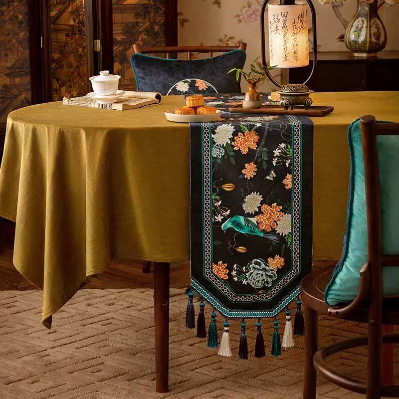 Chinoiserie Luxury Long Rectangular Black Floral Table Runner - SinoCultural -- TR026A160 - 