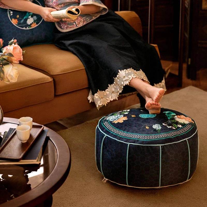 Chinoiserie Plush Bird Blue Living Room Rest Pouf - SinoCultural