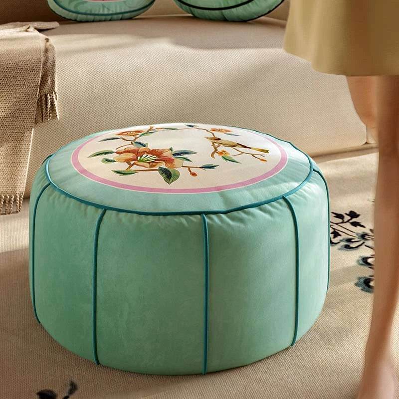Chinoiserie Plush Green Living Room Rest Pouf - SinoCultural