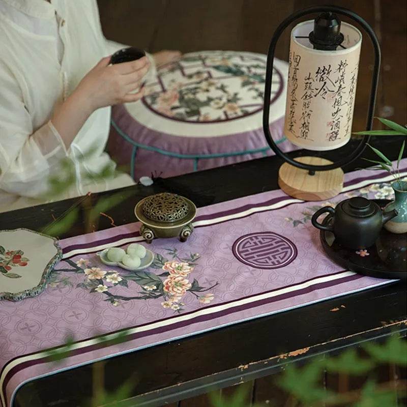 Chinoiserie Retro Luxe Purple Floral Tea Table Runner - SinoCultural