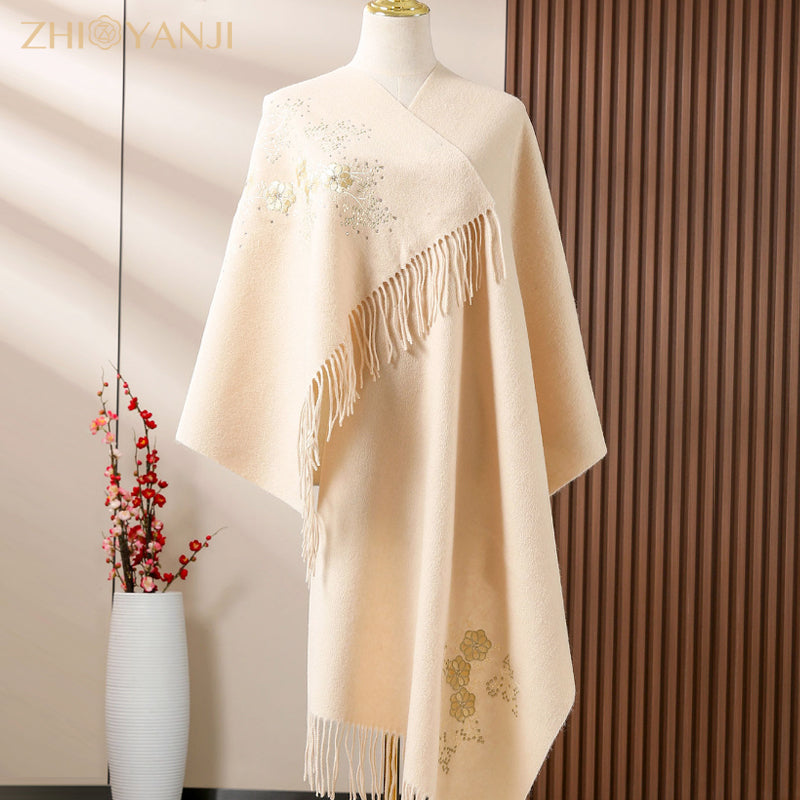 Su Embroidery Flower Cashmere Shawl Silk Scarf 200*60-Scarf-SinoCultural-Cream-HYFSJ014-3-SinoCultural