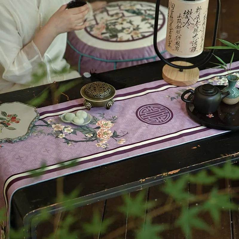 Chinoiserie Retro Luxe Purple Floral Tea Table Runner - SinoCultural