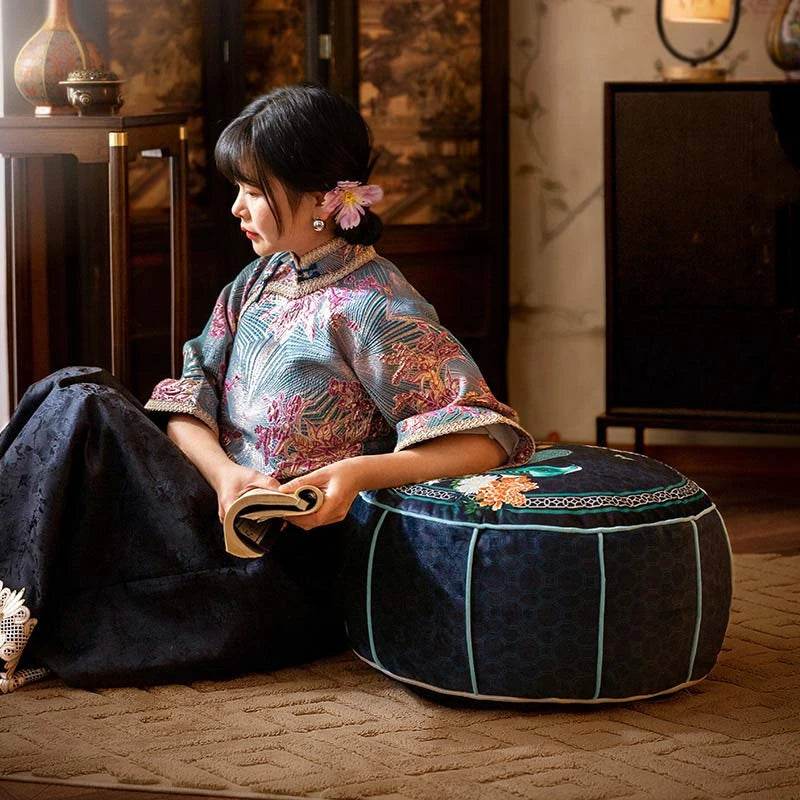 Chinoiserie Plush Bird Blue Living Room Rest Pouf - SinoCultural