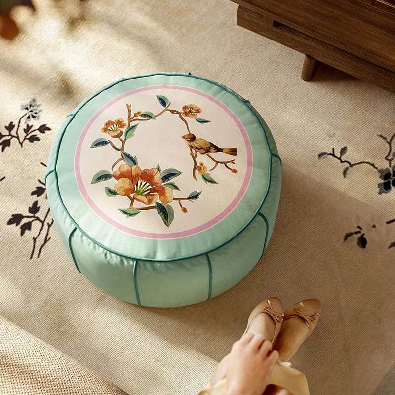Chinoiserie Plush Green Living Room Rest Pouf - SinoCultural
