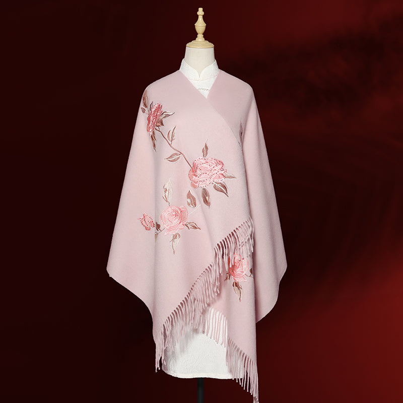 Su Embroidery Flower Cashmere Shawl Silk Scarf 200*70-Scarf-SinoCultural-Pink-HYFSJ013-2-SinoCultural