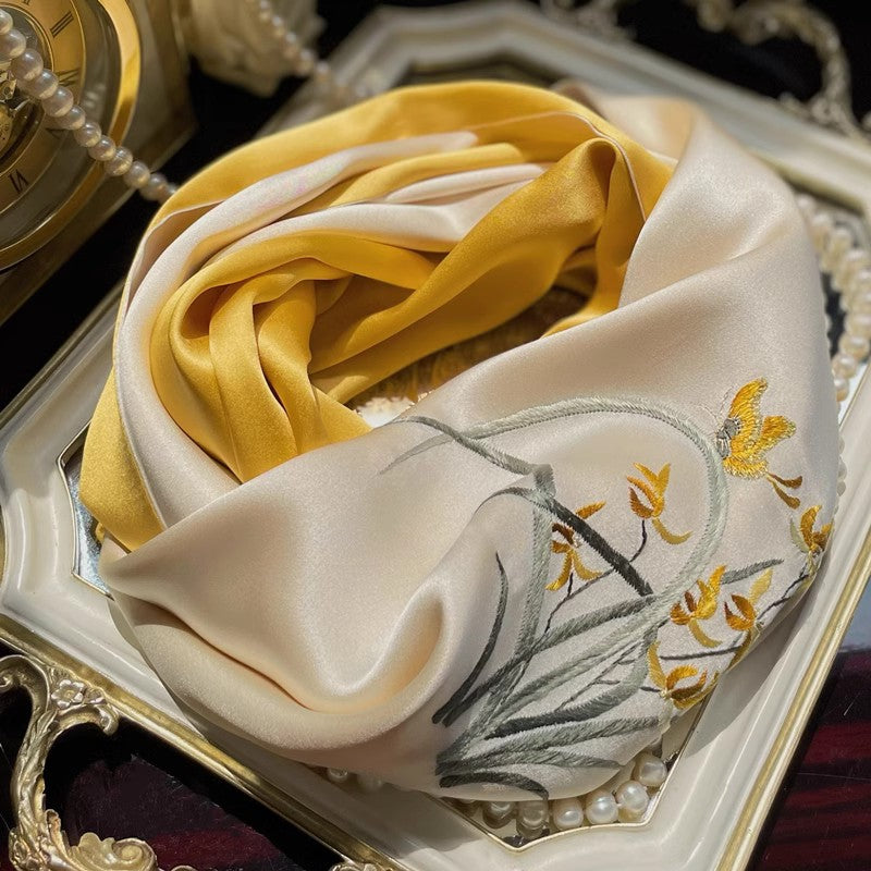 Su Embroidery Handmade Flower Silk Scarf 155*35-Scarf-SinoCultural-Yellow-HYFSJ025A01-SinoCultural