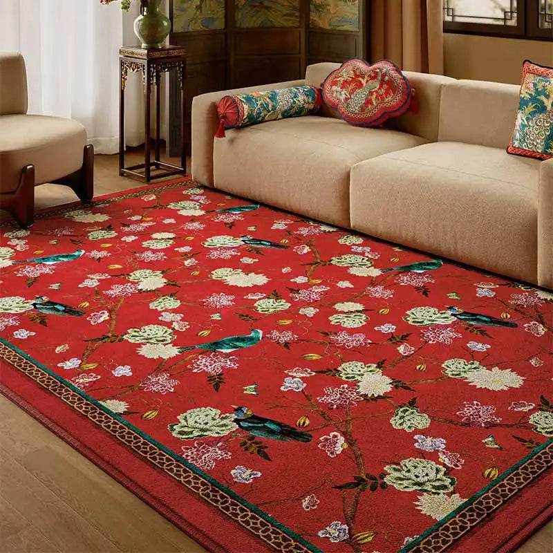 Chinoiserie Luxury Red Washable Living Room Area Rug - SinoCultural