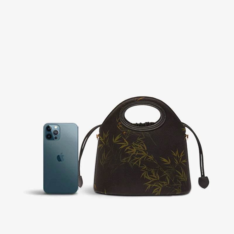 Xiangyunsha Silk Bamboo Black Drawstring Bucket Bag - SinoCultural -- YS120670-1 - 