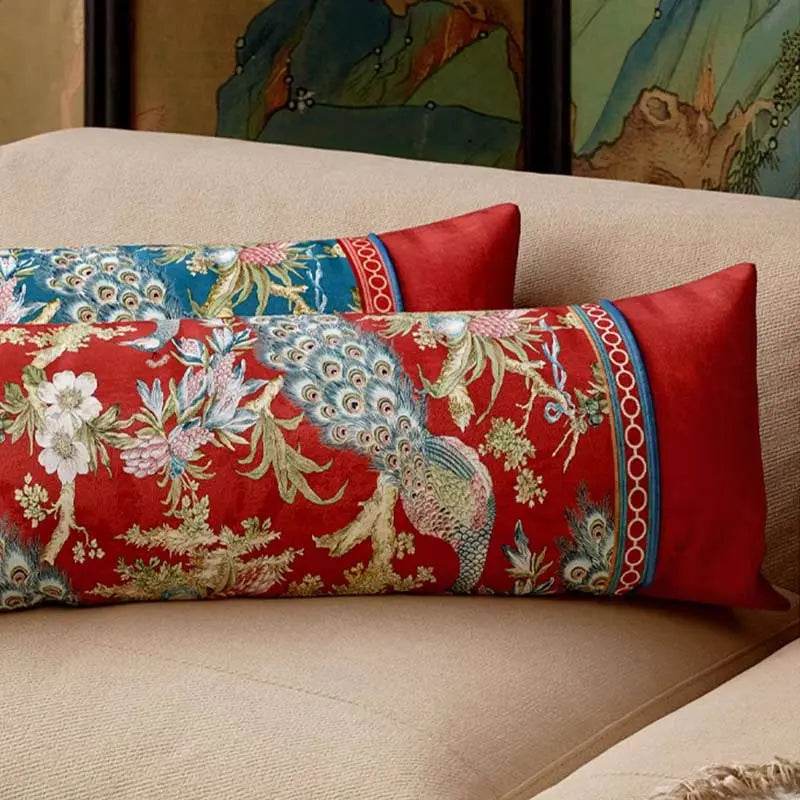 Chinoiserie Original Luxurious Peacock Long Lumbar Pillow - SinoCultural