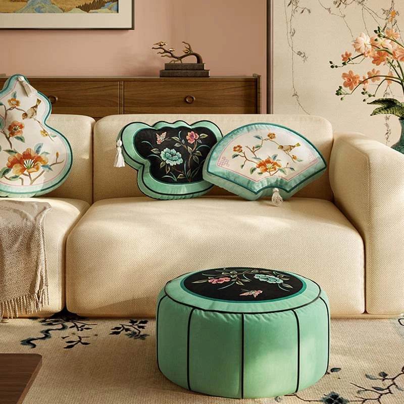 Chinoiserie Plush Green Living Room Rest Pouf - SinoCultural