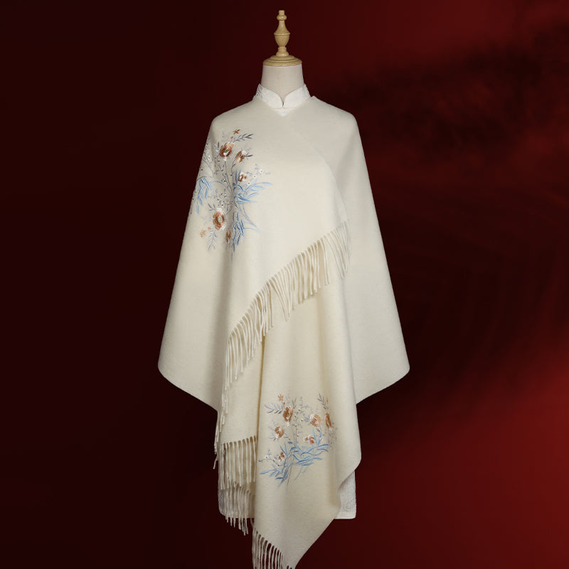 Su Embroidery Flower Cashmere Shawl Silk Scarf 200*70-Scarf-SinoCultural-White-HYFSJ013-4-SinoCultural