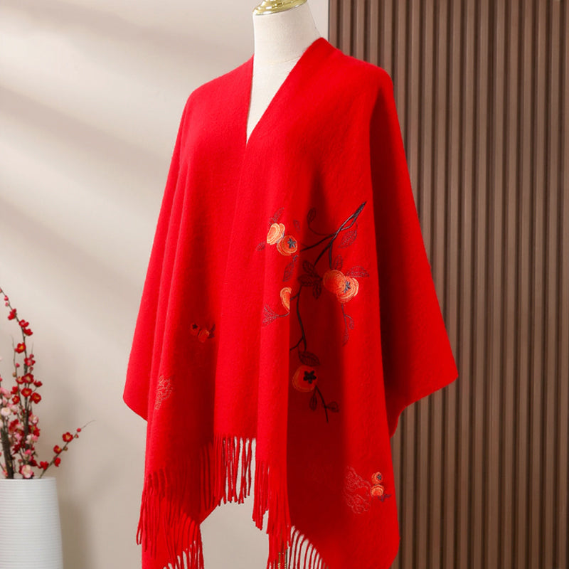 Su Embroidery Flower Cashmere Shawl Silk Scarf 200*60-Scarf-SinoCultural-Red-HYFSJ014-4-SinoCultural
