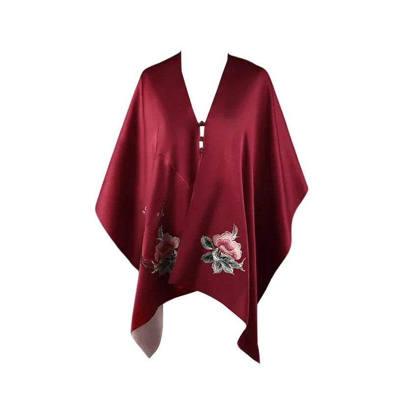 Embroidery Luxurious 16 Momme Silk Satin Red Shawl 185x45cm - SinoCultural