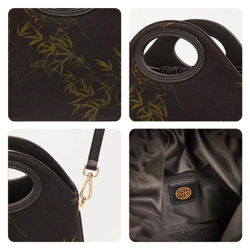 Xiangyunsha Silk Bamboo Black Drawstring Bucket Bag - SinoCultural -- YS120670-1 - 