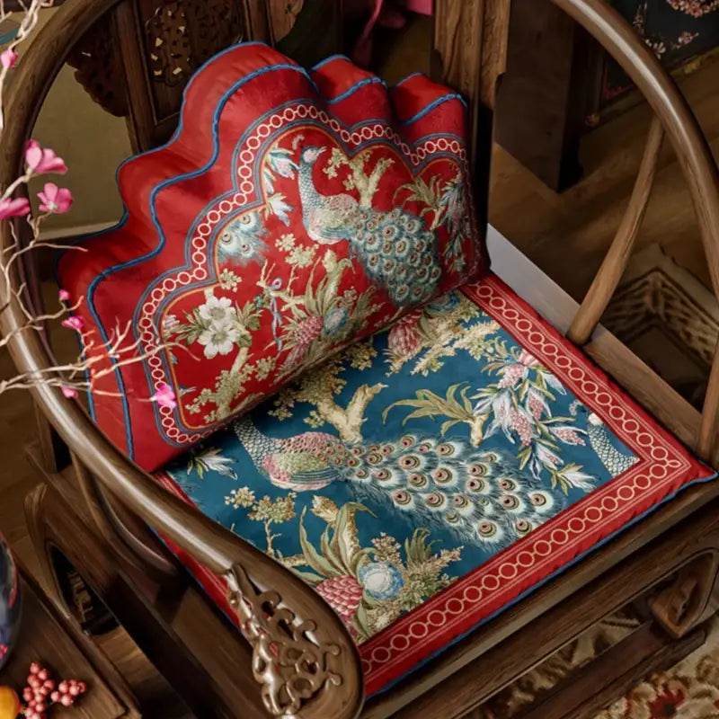 Chinoiserie Festive Red Peacock Luxe Lumbar Pillow - SinoCultural