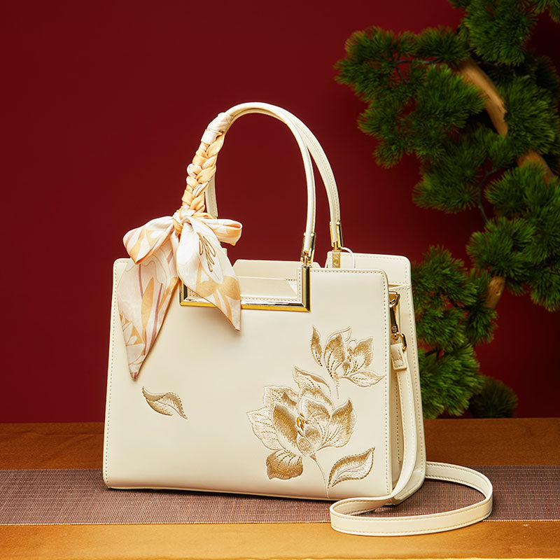 Embroidery Leather Magnolia Women's Handbag