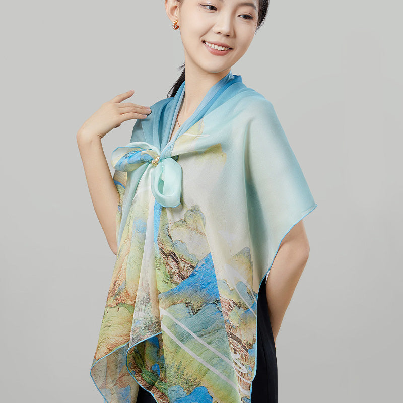 Palace Museum Chinese Masterpieces Silk Scarf 176*52-Scarf-SinoCultural-Blue-SS012BG-SinoCultural