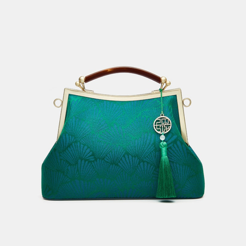 Mulberry Silk Green Pine Leaf Vintage Clasp Bag-Handbag-SinoCultural-Green-Single Bag-P270031-SinoCultural