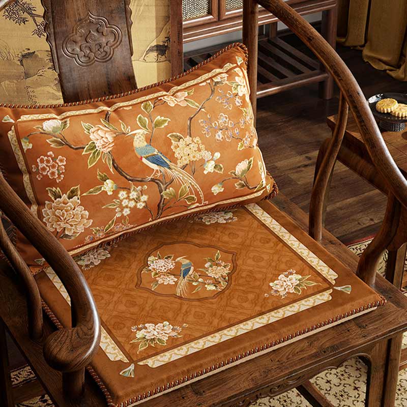 Chinoiserie Orange Chirp High-end Wooden Chair Cushion - SinoCultural