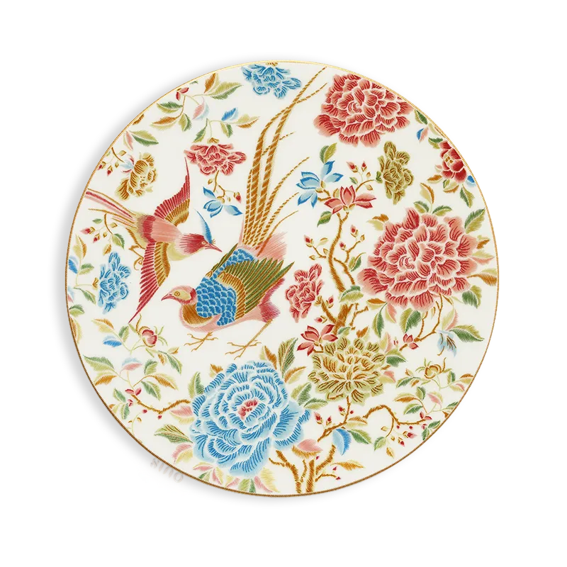 11’’ Chinoiserie bone china round dinner plate with floral and bird design.