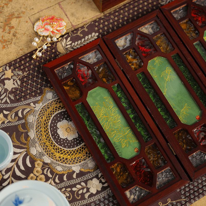 Hand-Embroidered Cantonese Mansion Window Ornament in Sandalwood Frame - SinoCultural -- BXL06WCS174A08 - 