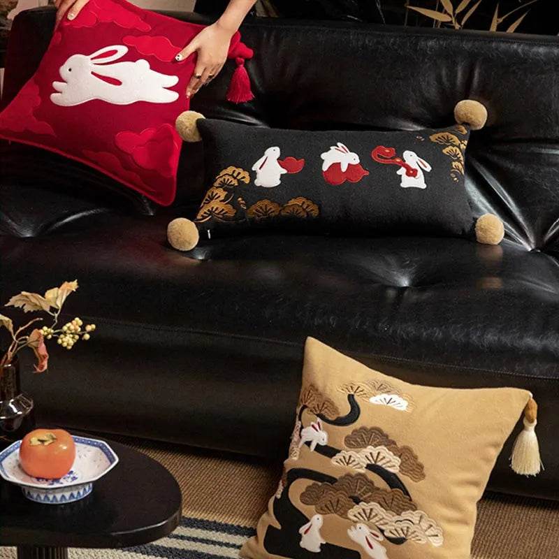 Chinoiserie Embroidery Red Silk Velvet Rabbit Throw Pillow for Sofa - SinoCultural -- SJZBZ074C01 - 