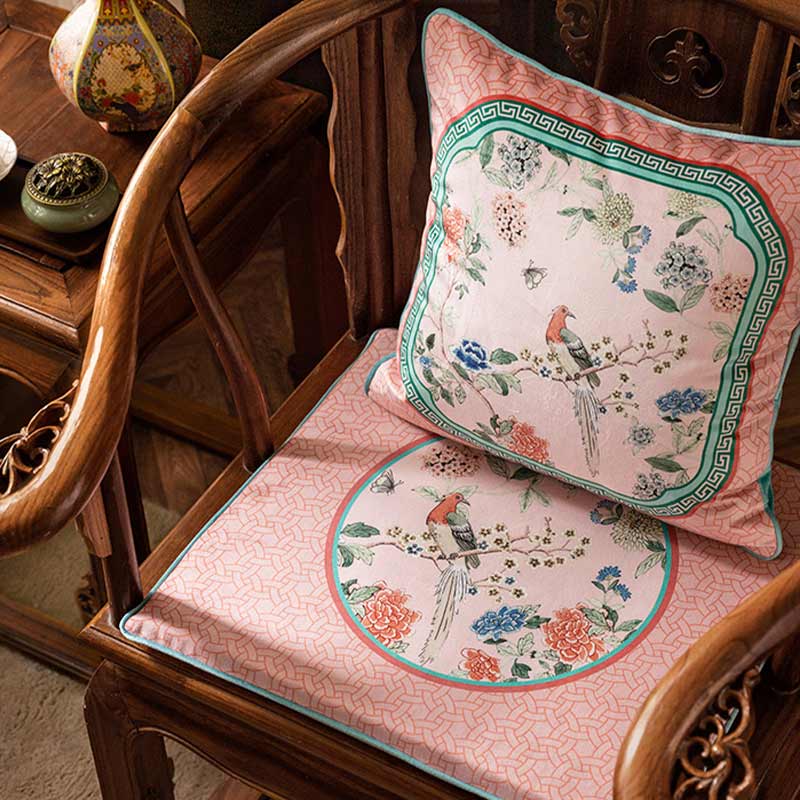 Chinoiserie Pink Spring High-end Wooden Chair Cushion