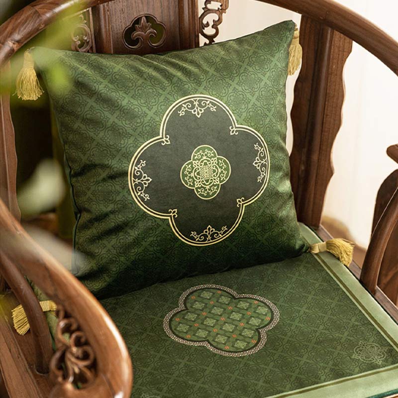 Chinoiserie Dark Green Vintage Short Plush Chair Cushion - SinoCultural