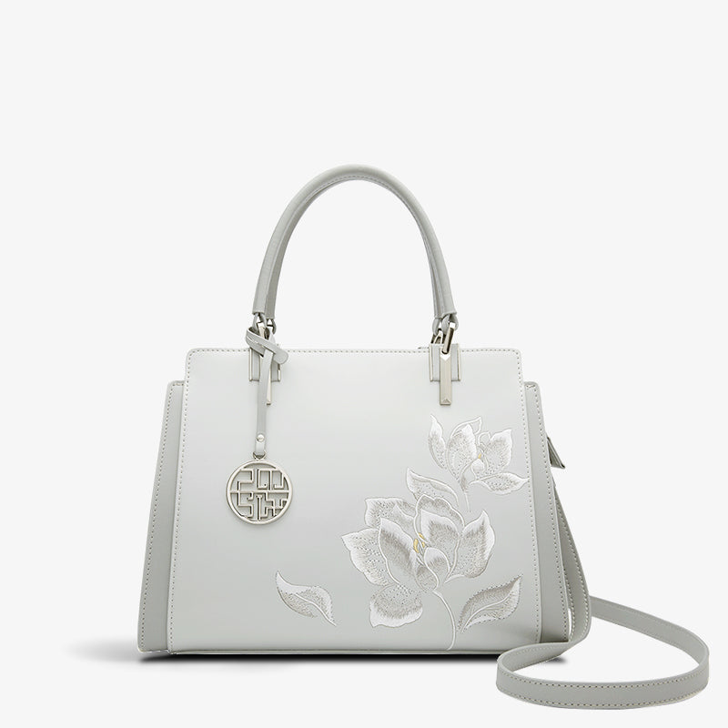 Embroidery Leather Magnolia Women's Crossbody Tote Bag