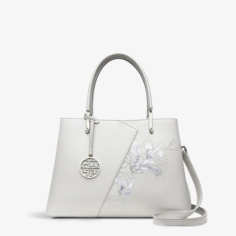Embroidery Leather Magnolia Leather Tote Bag-Tote Bag-SinoCultural-Grey-Single Bag-P120348-1-SinoCultural