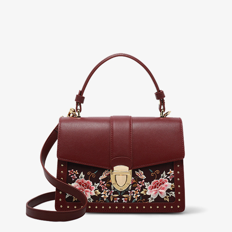 Embroidery Genuine Leather Square Handbag-SinoCultural