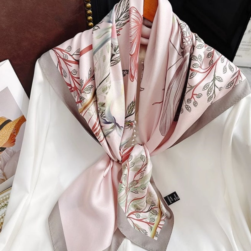 Mulberry Silk Butterfly Blossoms Square Scarf 88-Scarf-SinoCultural-Pink-CXFJ005-SinoCultural