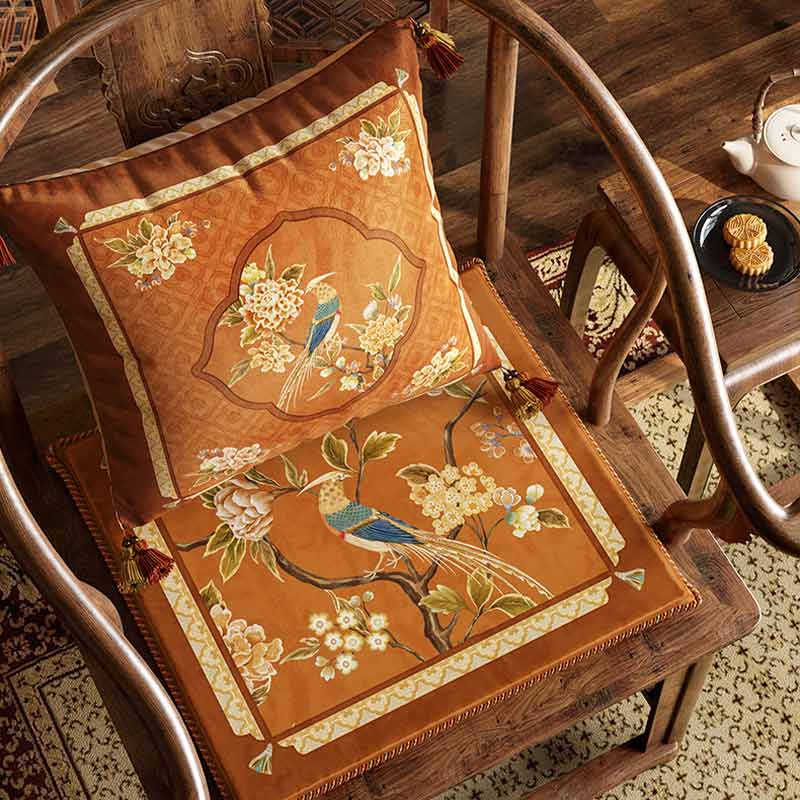 Chinoiserie Orange Chirp High-end Wooden Chair Cushion - SinoCultural