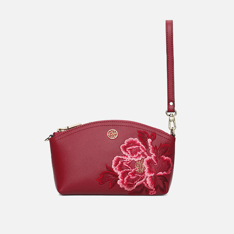 Embroidery Leather Red Peony Women Handbag Wallet-Wallet-SinoCultural-SinoCultural