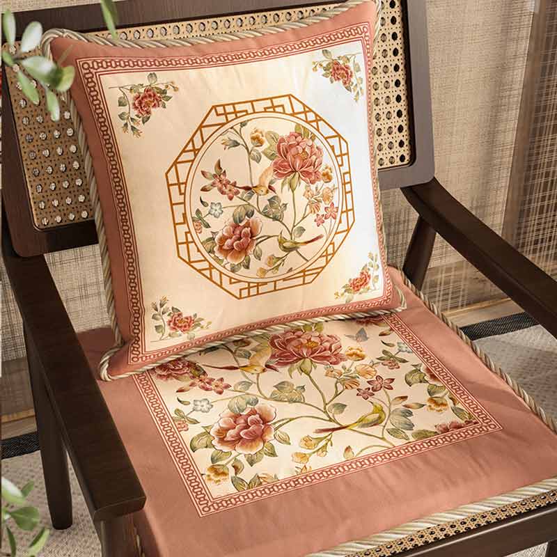 Chinoiserie Spring Powder Pink Floral Bird Dining Chair Cushion & Sofa Pillow - SinoCultural