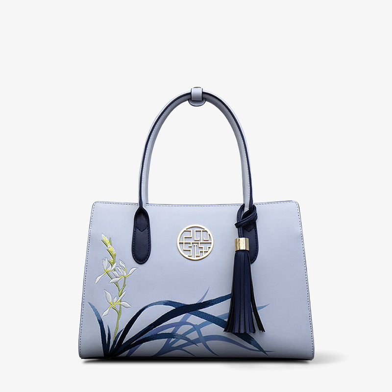 Embroidery Orchid Leather Tote Bag-SinoCultural