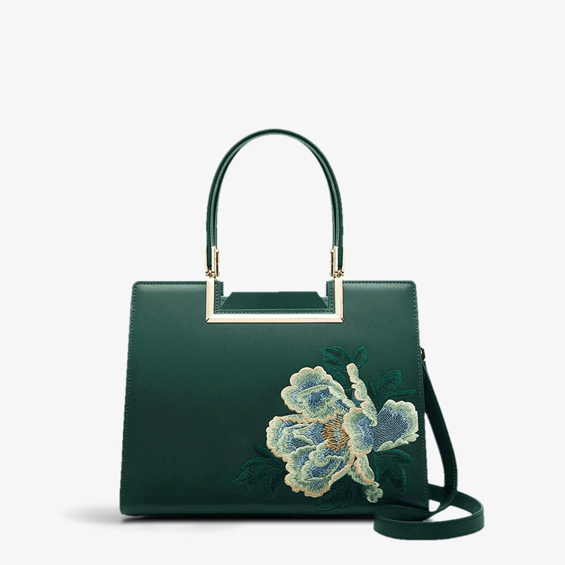 Embroidery Leather Magnolia Handbag-SinoCultural