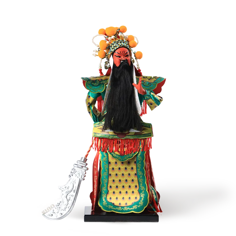 Front view of 12-inch Peking Opera Guan Yu doll (red face, long black beard, ornate coronet).
