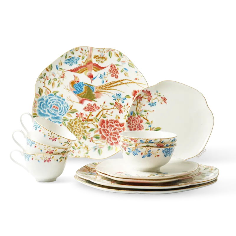 12-piece Chinoiserie bone china square plate set: 3 x 11" square plates, 3 x 8" square plates, 3 x 4.75" bowls, 3 x 180 ml teacups with floral & bird design.