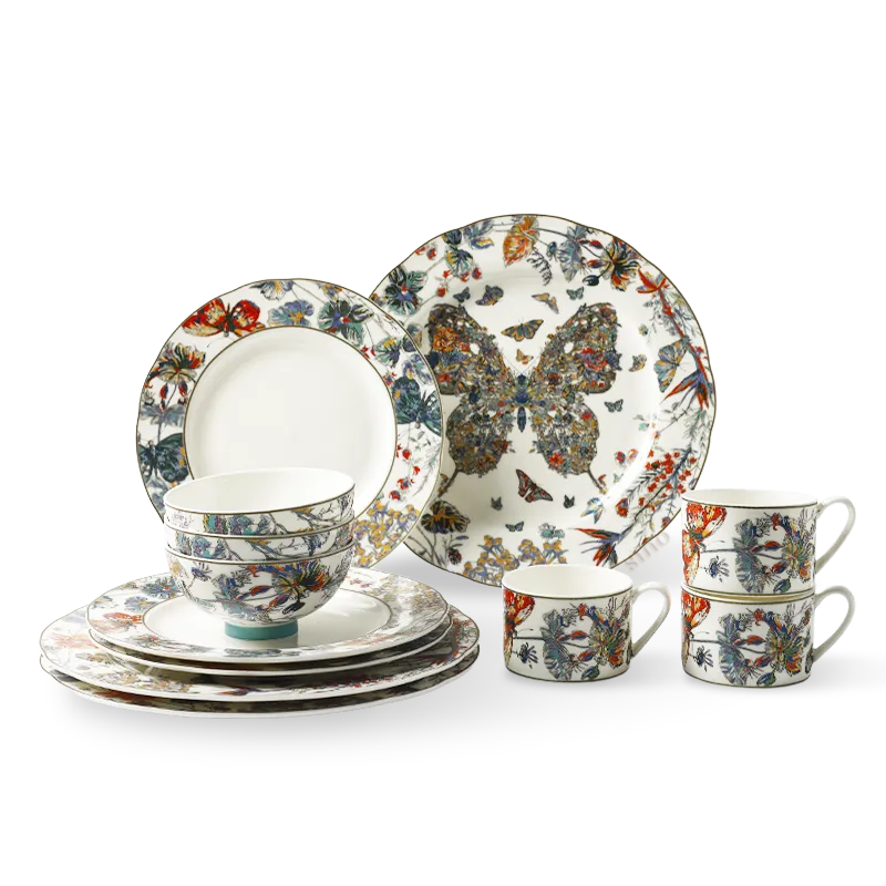 Premium 12-piece Chinoiserie bone china dining set with gold butterfly motif.