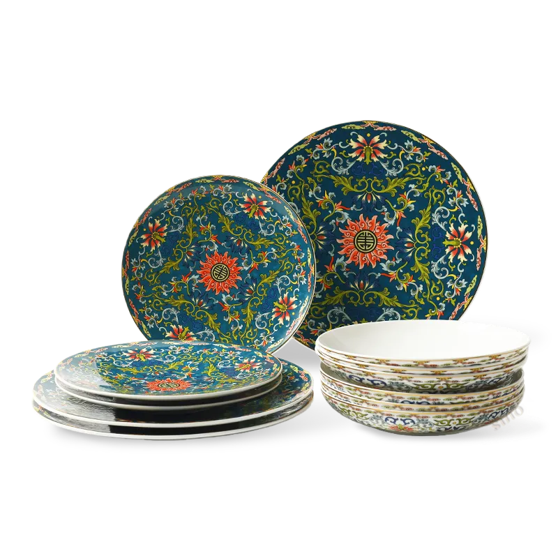 12-piece bone china dinnerware set: three 11" plates, three 9" plates, three soup plates, three shallow bowls on white background.