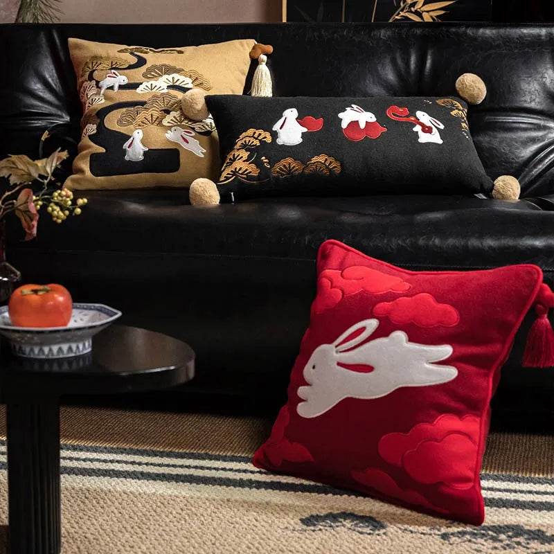Chinoiserie Embroidery Red Silk Velvet Rabbit Throw Pillow for Sofa - SinoCultural -- SJZBZ074C01 - 