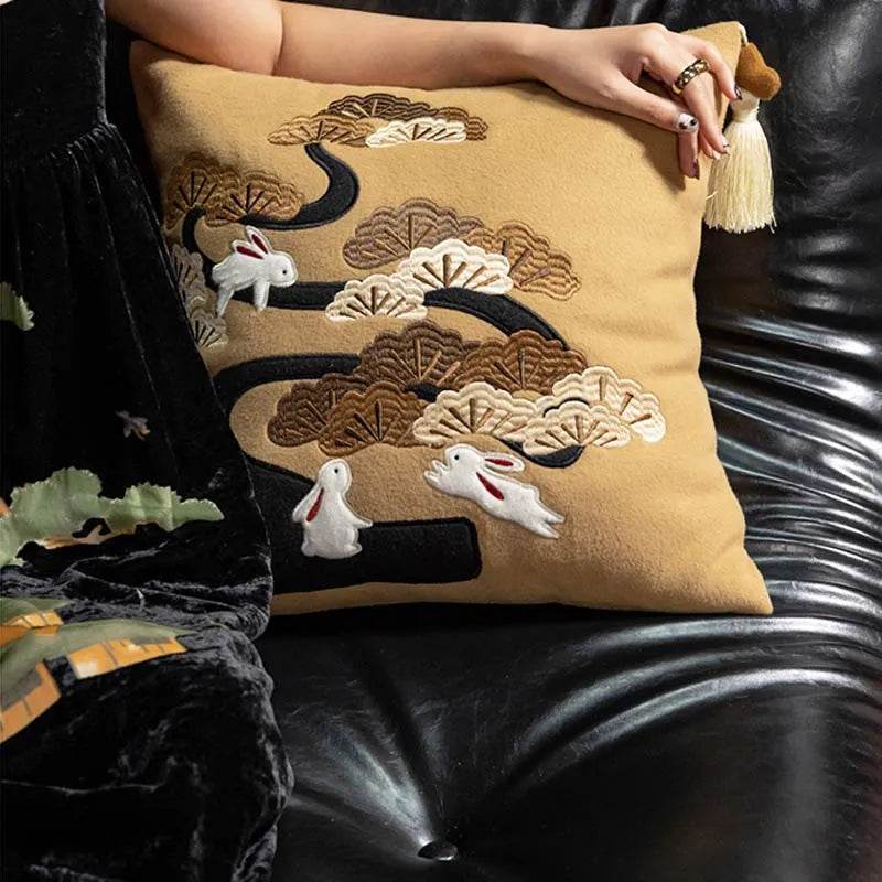 Chinoiserie Embroidery Red Silk Velvet Rabbit Throw Pillow for Sofa - SinoCultural -- SJZBZ074C01 - 