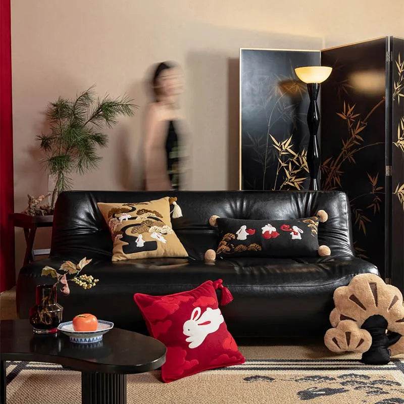 Chinoiserie Embroidery Red Silk Velvet Rabbit Throw Pillow for Sofa - SinoCultural -- SJZBZ074C01 - 